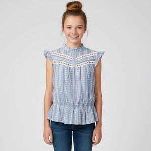 NEW YORK & COMPANY Embroidered Eyelet Peplum Top w/ Elastic waist EUC